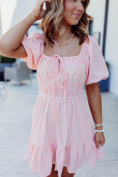 Orange Striped Sweetheart Tie Detail Puff Sleeve Dress