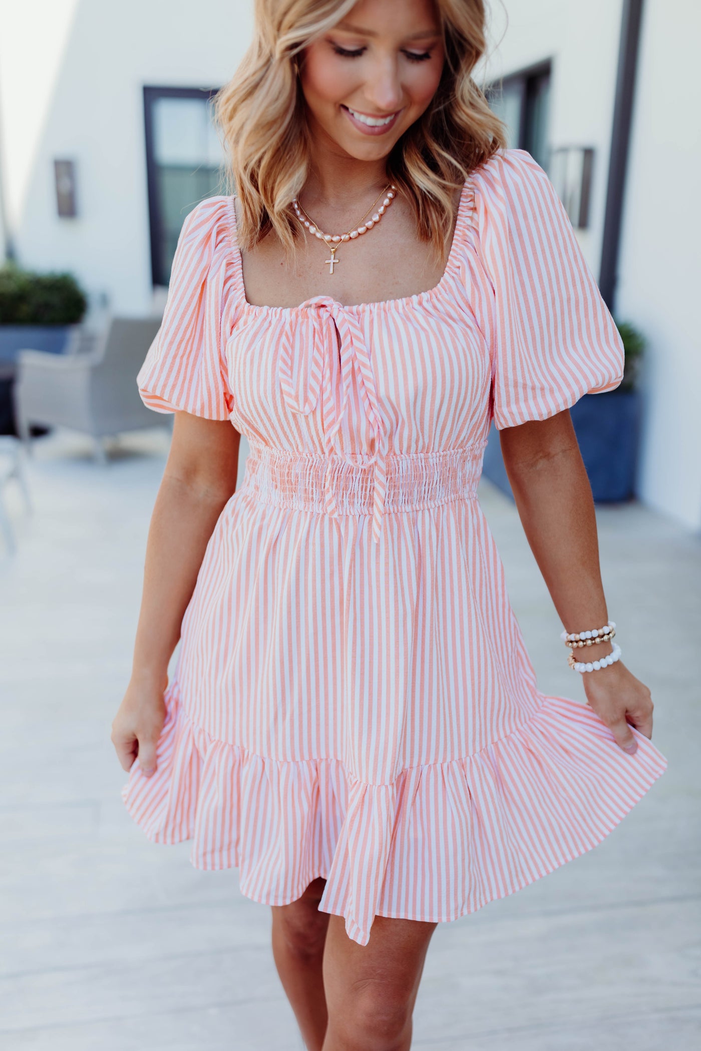 Orange Striped Sweetheart Tie Detail Puff Sleeve Dress