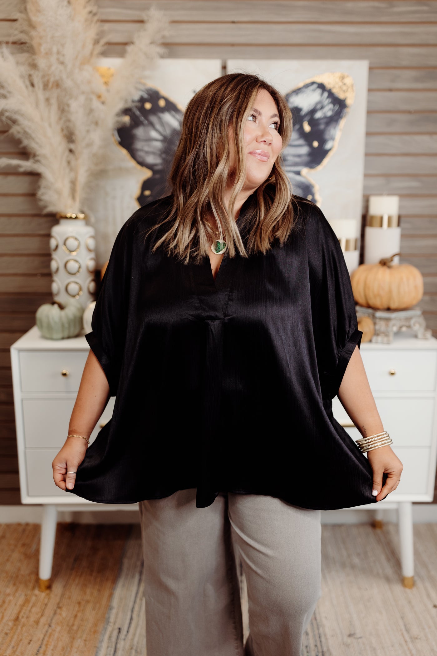 Black Simple V-Neck Oversized Satin Blouse