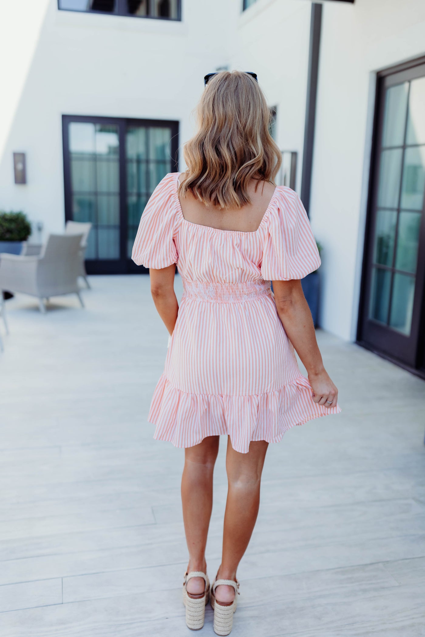 Orange Striped Sweetheart Tie Detail Puff Sleeve Dress