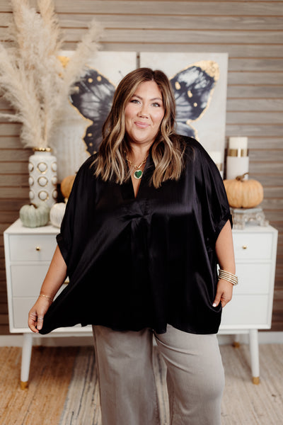 Black Simple V-Neck Oversized Satin Blouse