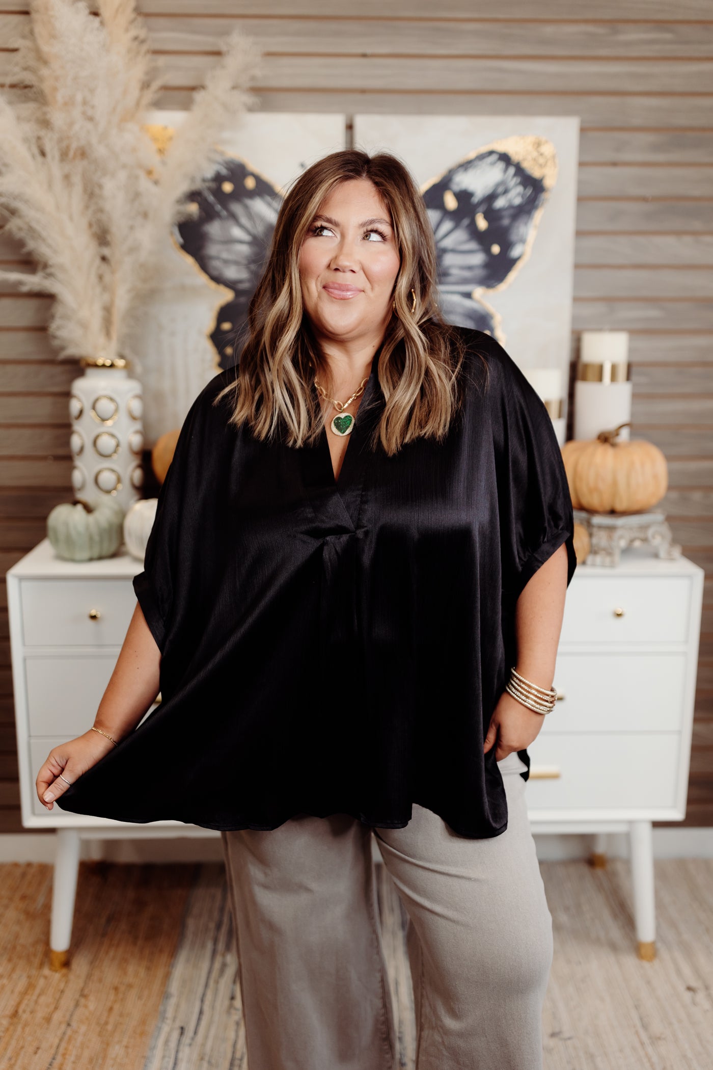 Black Simple V-Neck Oversized Satin Blouse