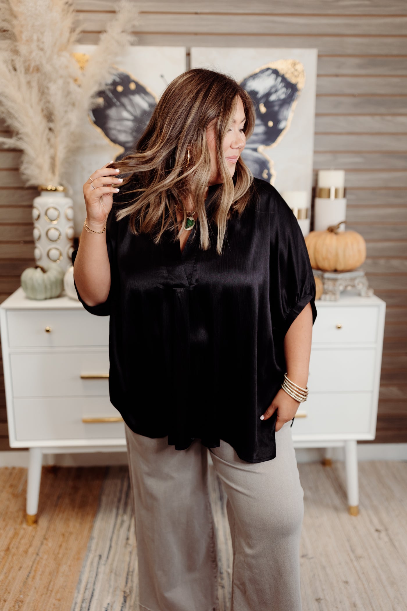 Black Simple V-Neck Oversized Satin Blouse