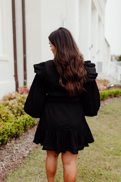 Black Textured Knit Belted Ruffle Bell Sleeve Dress