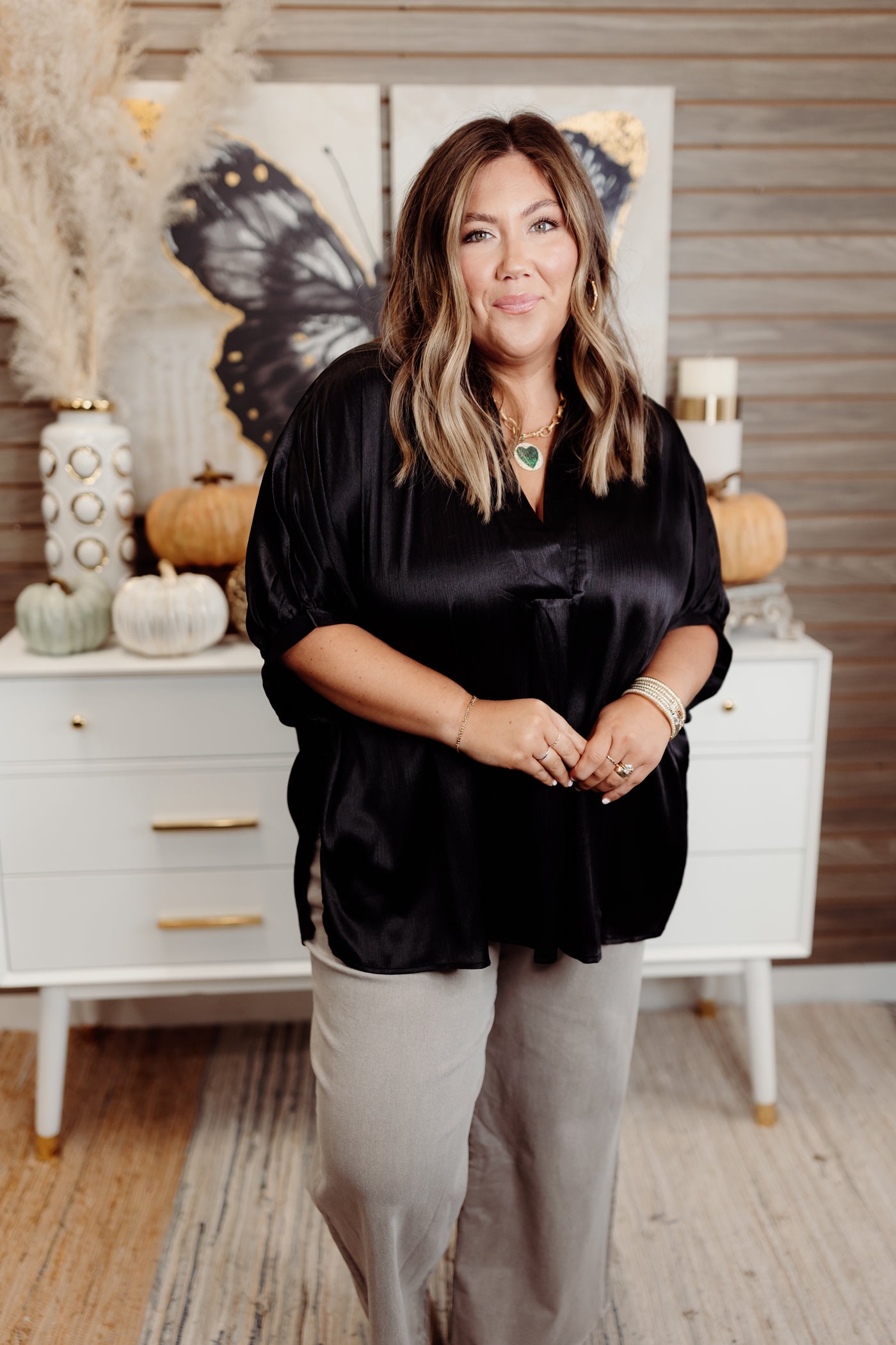 Black Simple V-Neck Oversized Satin Blouse