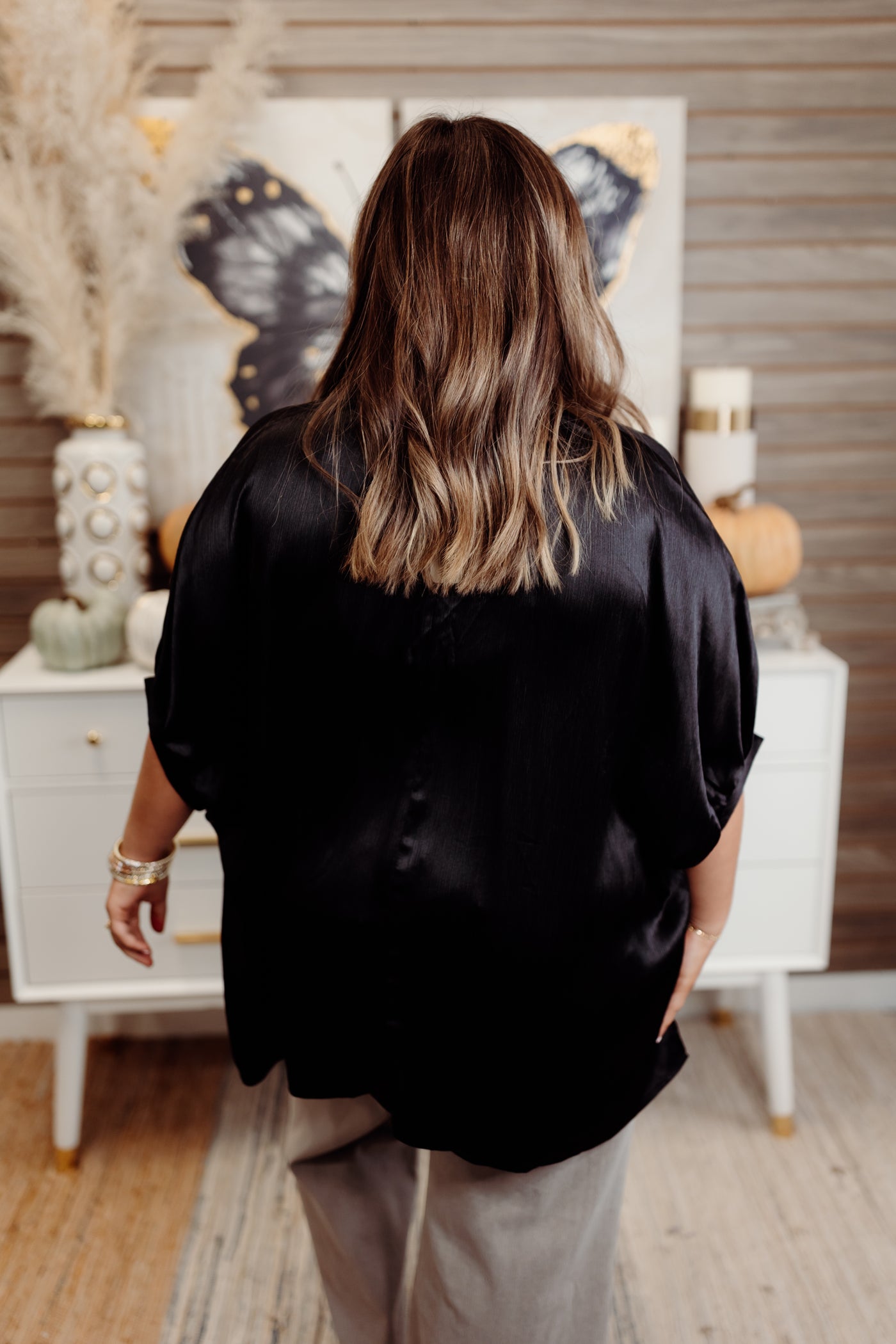 Black Simple V-Neck Oversized Satin Blouse