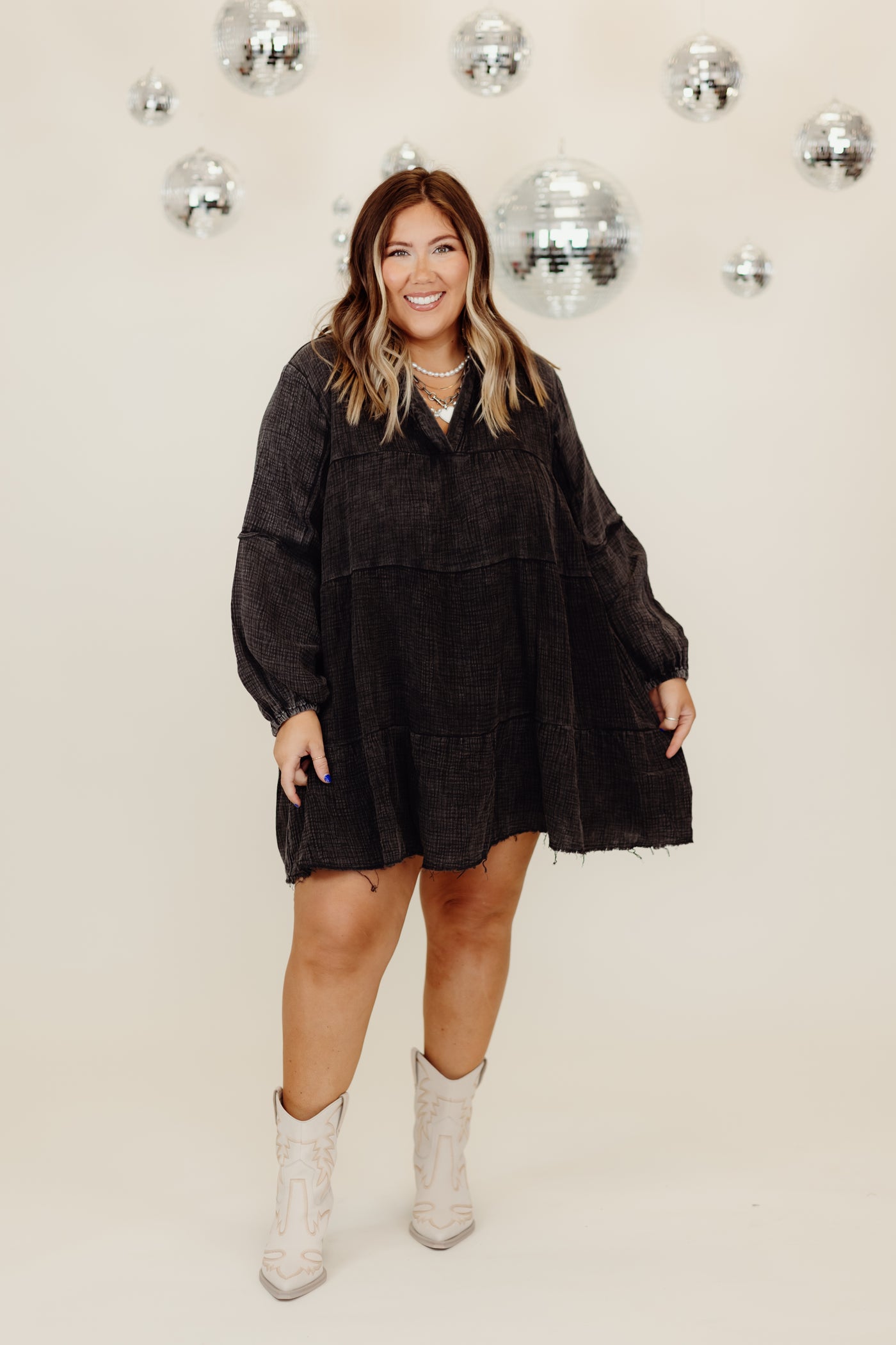 Black Crinkle Gauze Long Sleeve V-Neck Dress