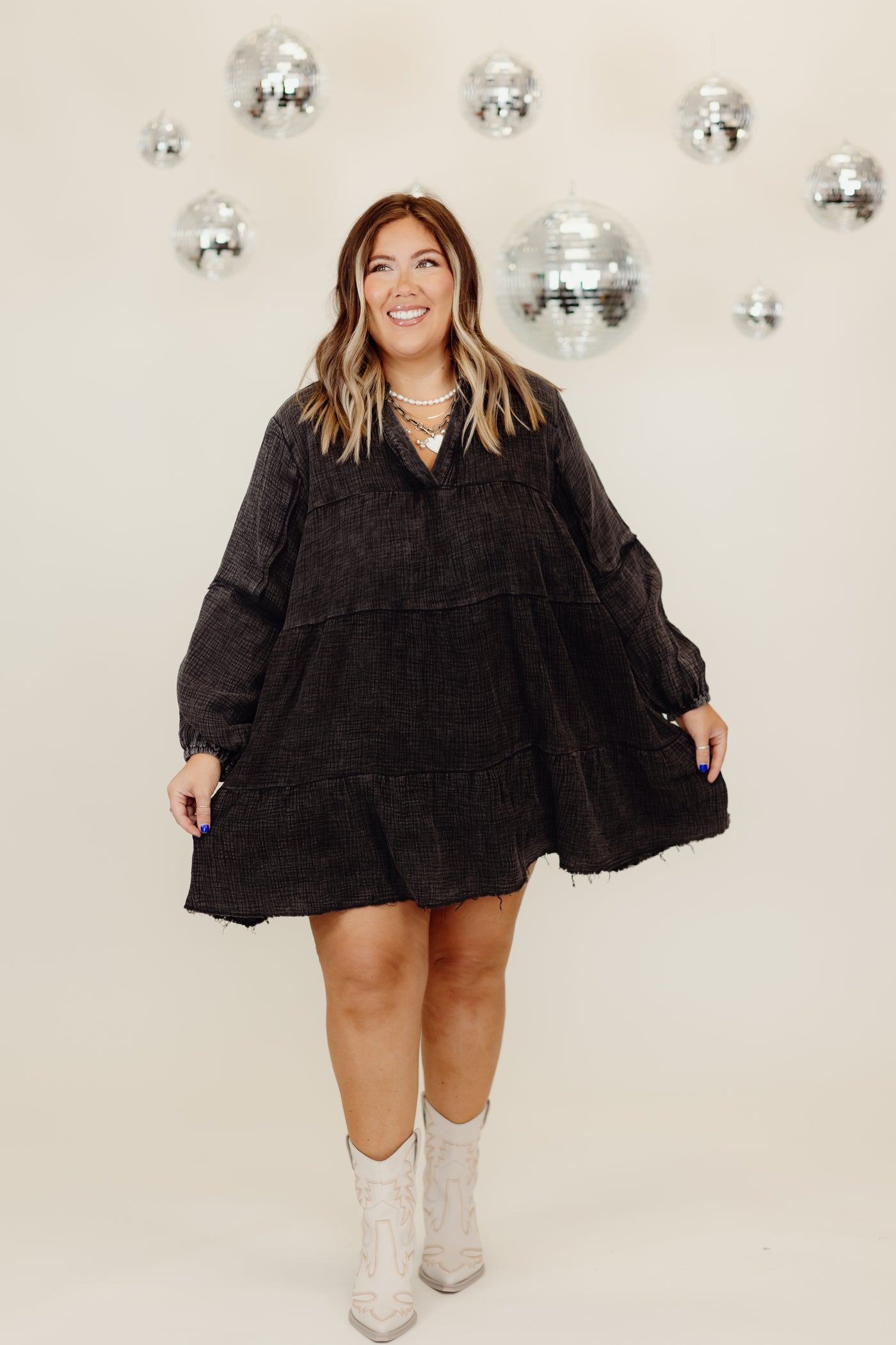 Black Crinkle Gauze Long Sleeve V-Neck Dress