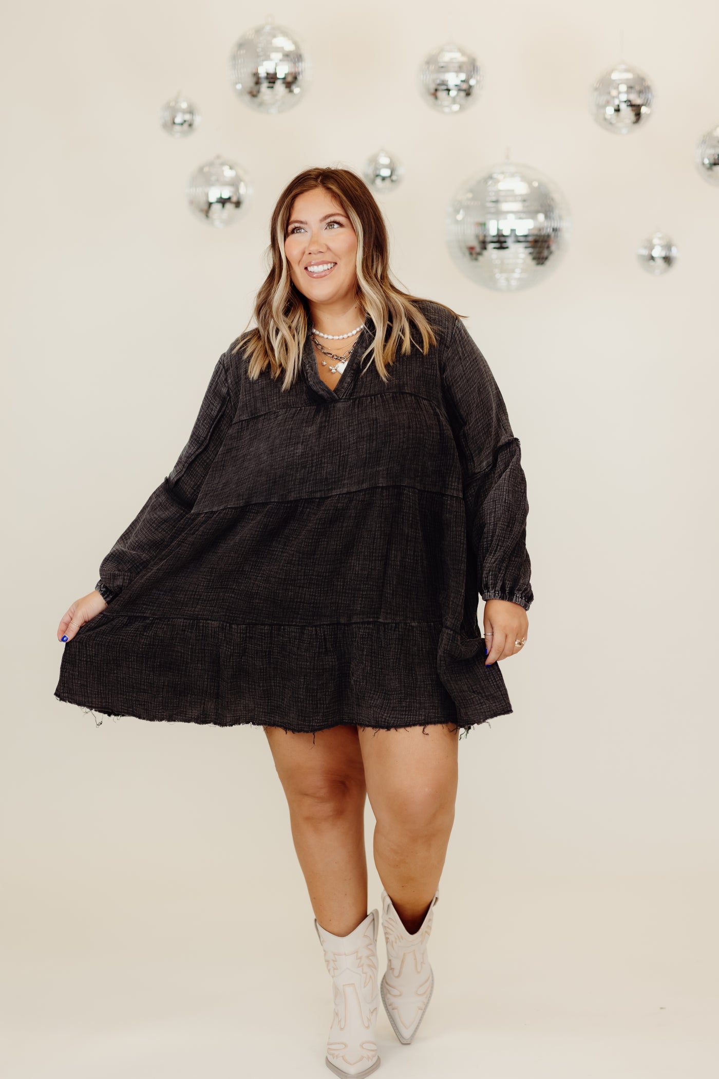 Black Crinkle Gauze Long Sleeve V-Neck Dress