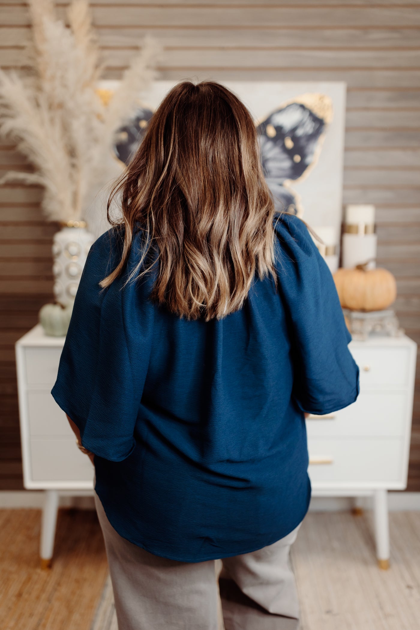 Teal Textured V-Neck Placket Ruffle Sleeve Top