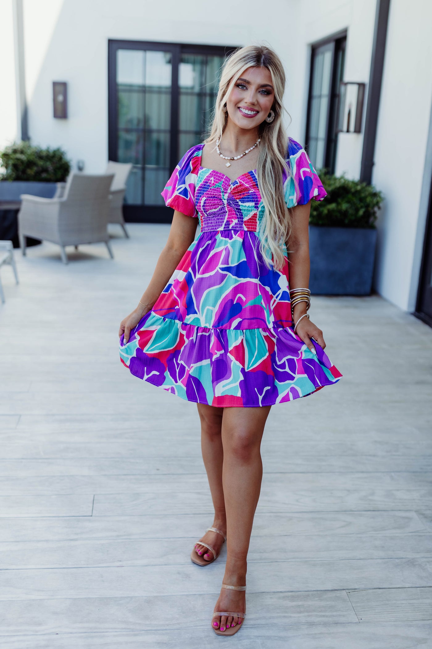 Pink/Purple Multi Floral Smocked Puff Sleeve Dress