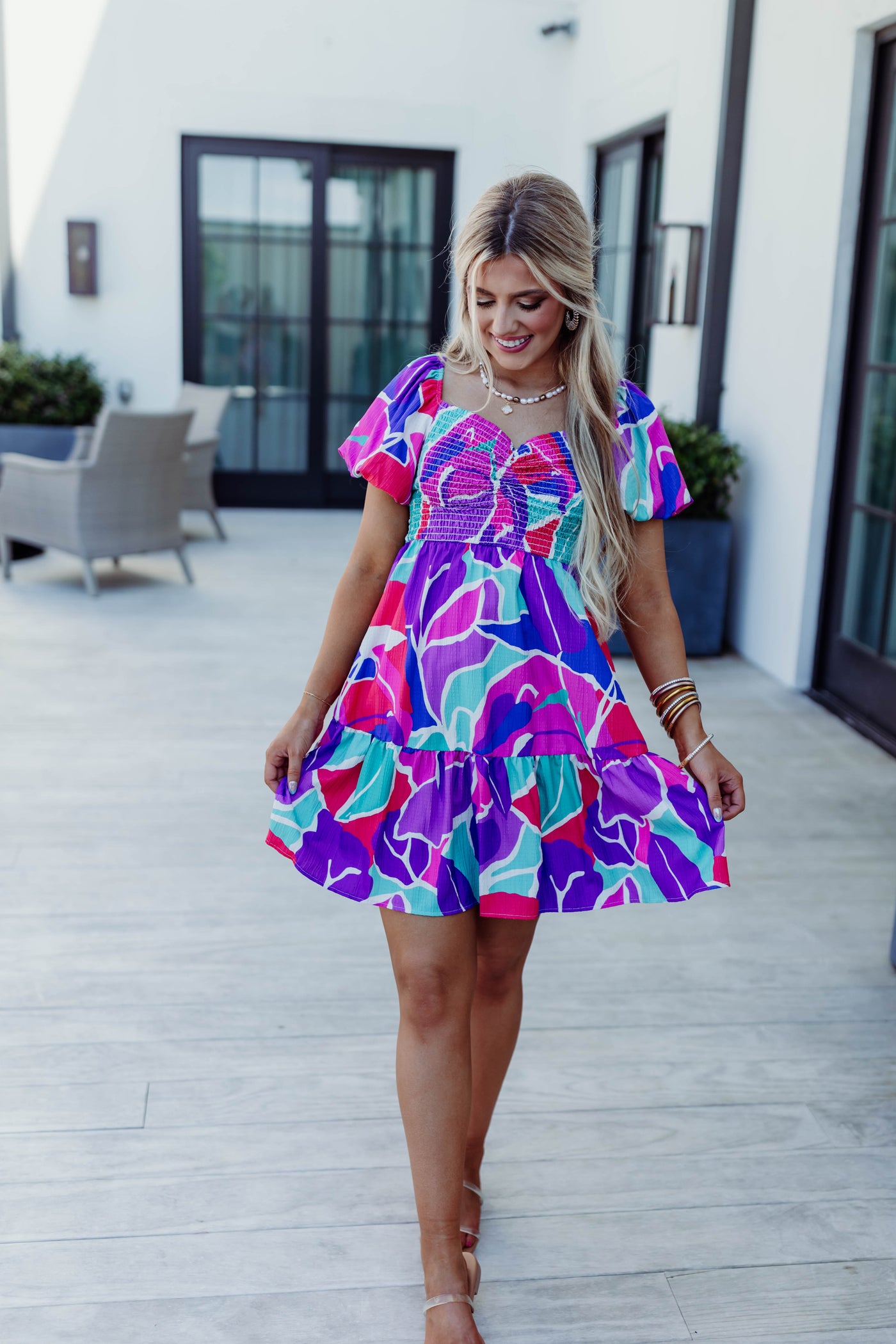 Pink/Purple Multi Floral Smocked Puff Sleeve Dress