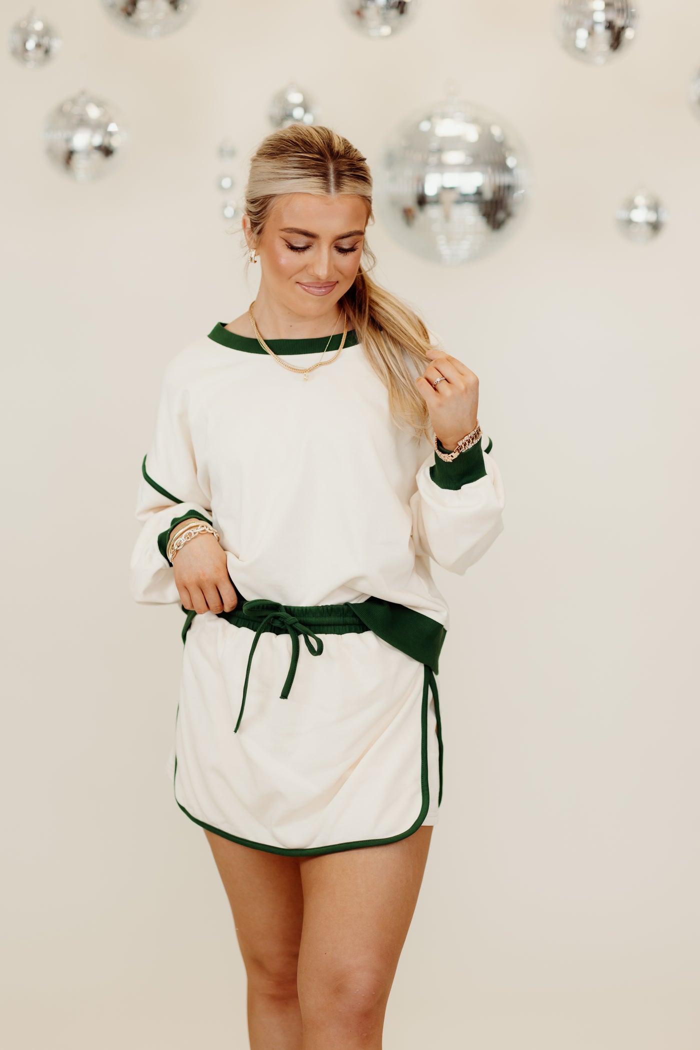 Ecru Contrast Trim Long Sleeve Top and Skirt Set