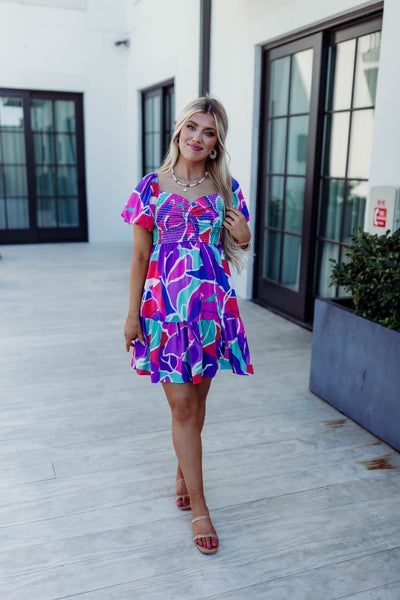 Pink/Purple Multi Floral Smocked Puff Sleeve Dress