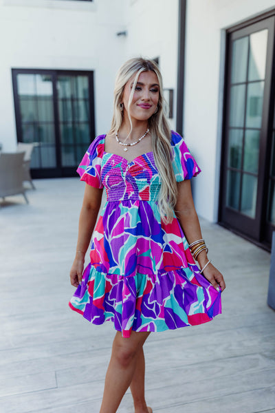 Pink/Purple Multi Floral Smocked Puff Sleeve Dress