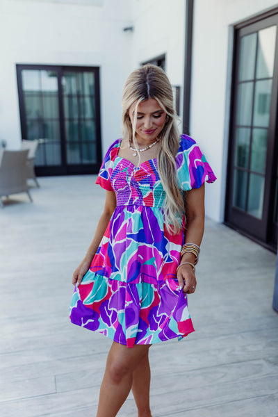 Pink/Purple Multi Floral Smocked Puff Sleeve Dress