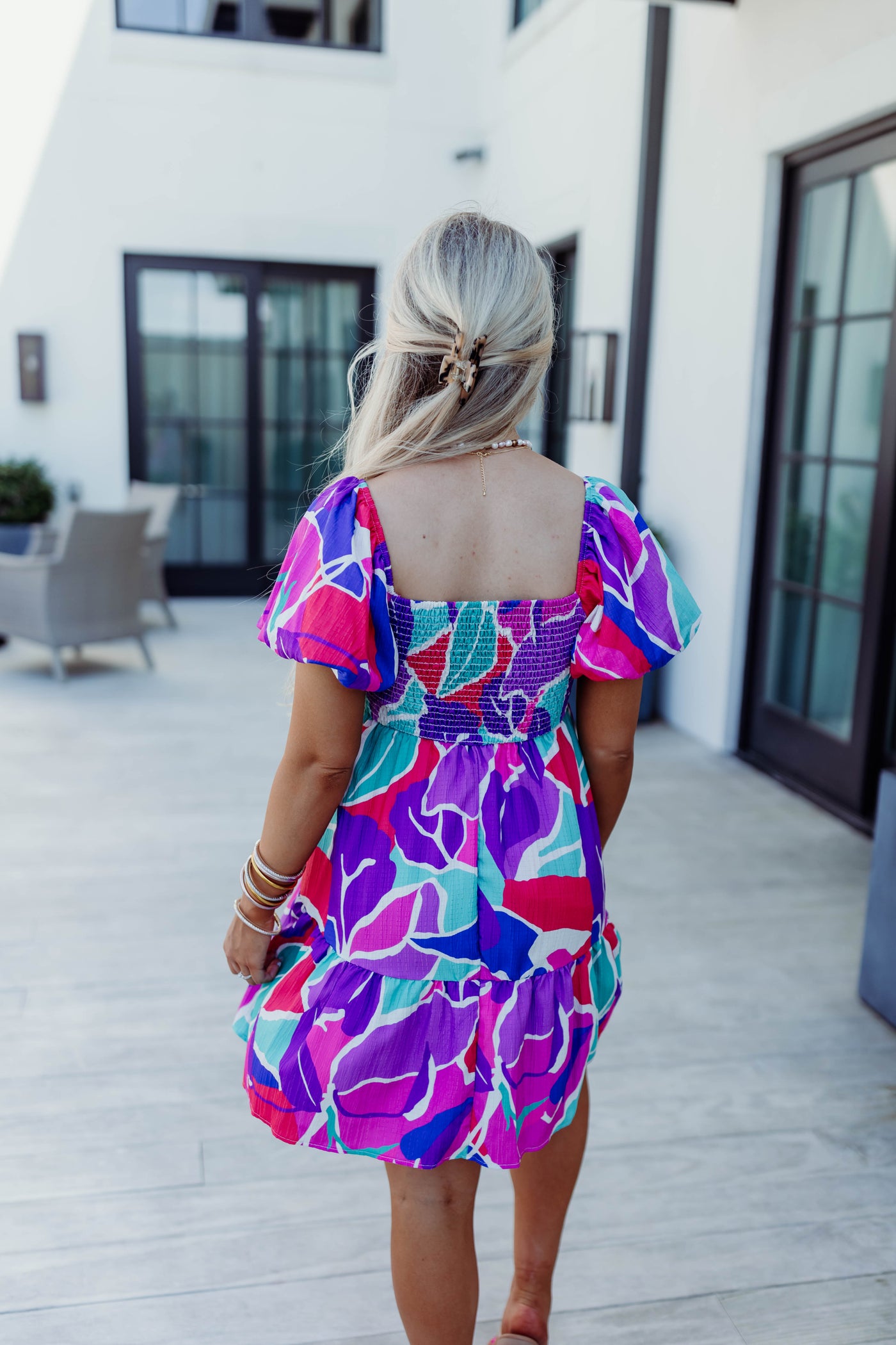 Pink/Purple Multi Floral Smocked Puff Sleeve Dress