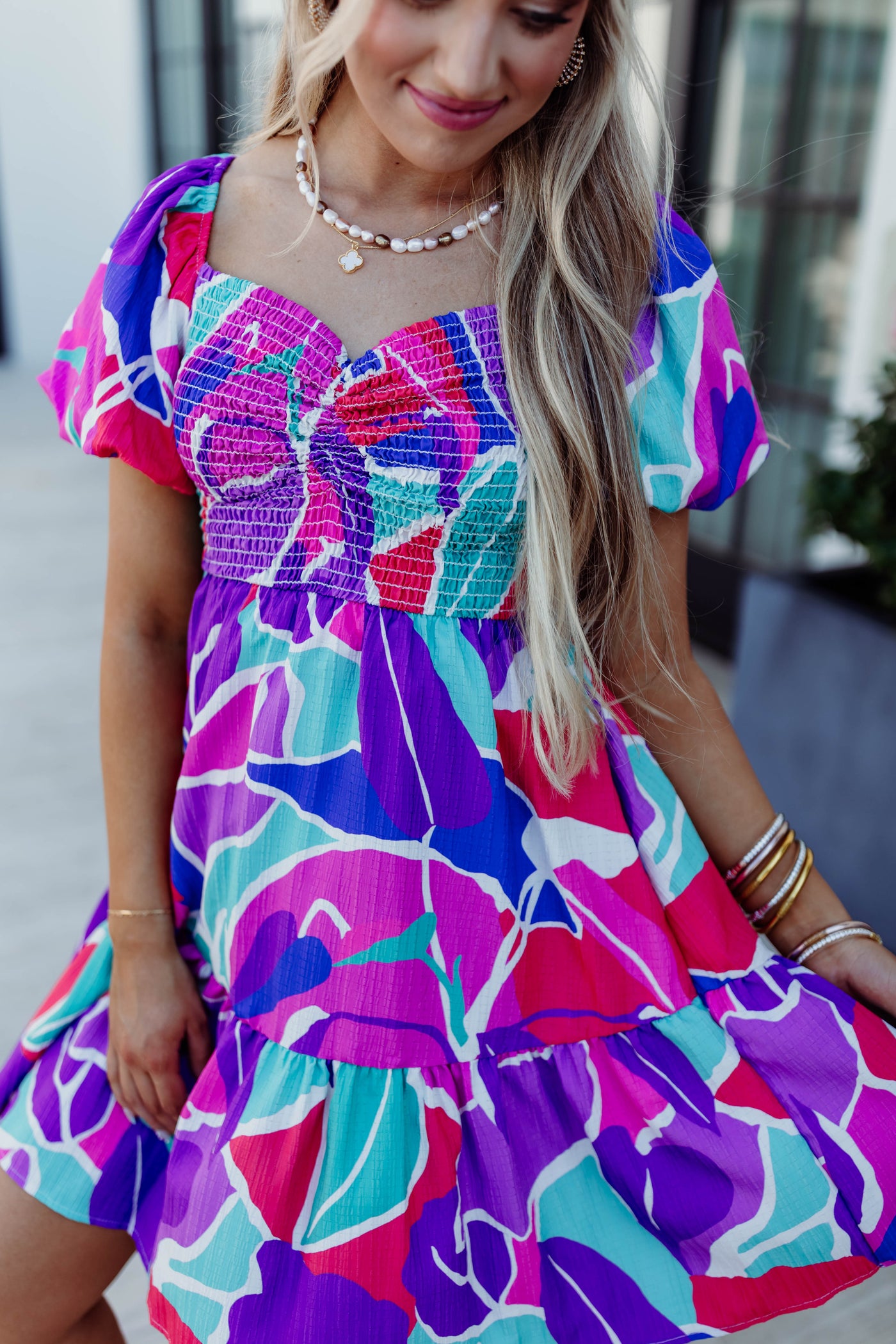 Pink/Purple Multi Floral Smocked Puff Sleeve Dress