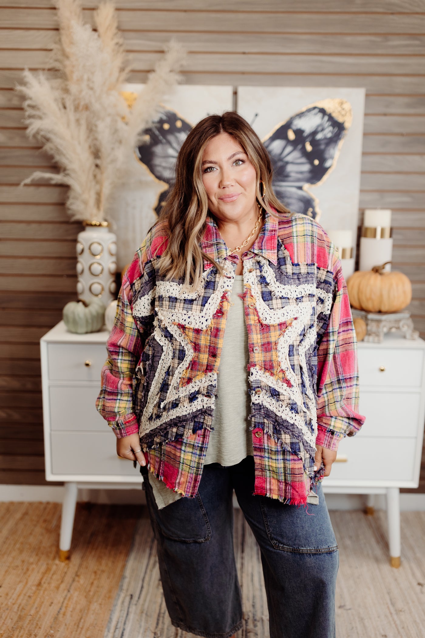 Red Mineral Washed Plaid Star Patch Top