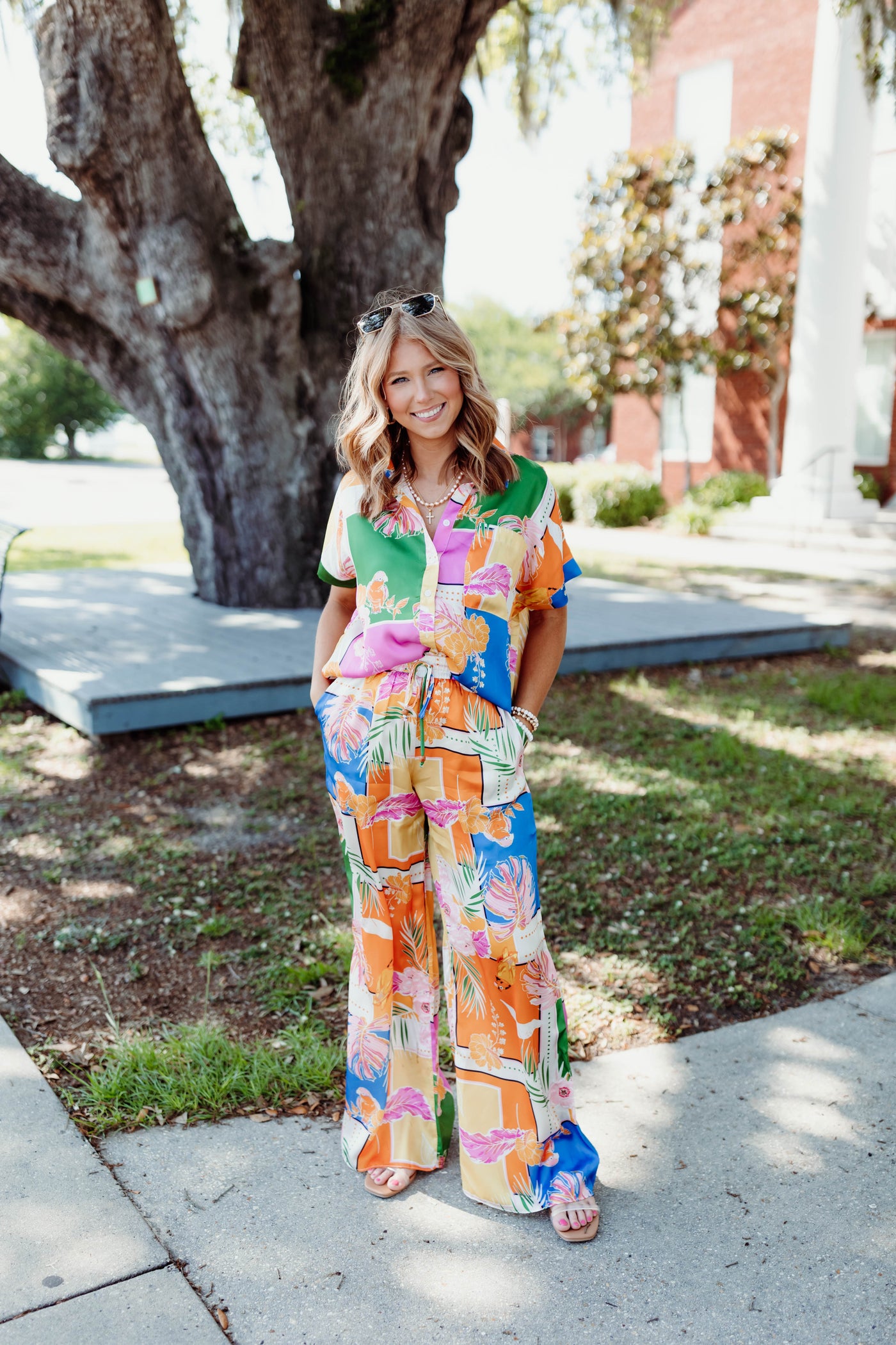 Karlie Yellow Tropical Satin Button Up Top