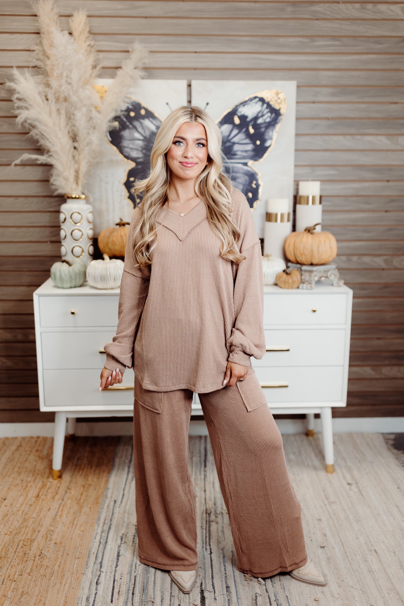 Peanut Butter Ribbed Balloon Sleeve Top and Pant Set