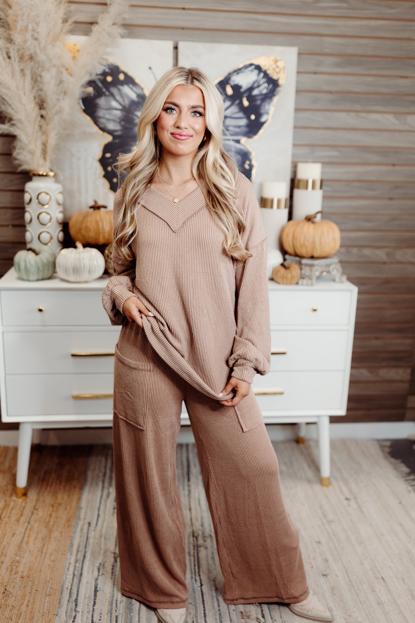 Peanut Butter Ribbed Balloon Sleeve Top and Pant Set