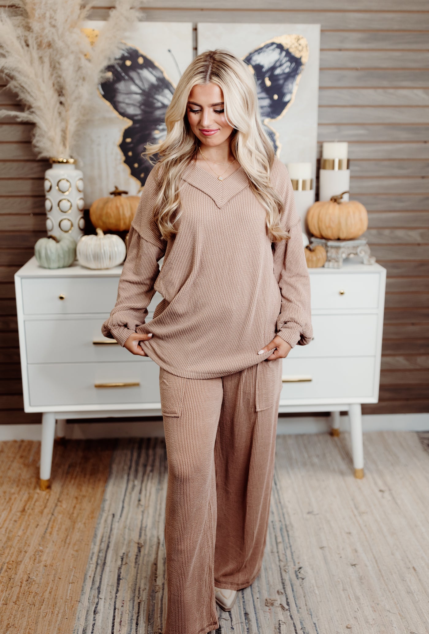 Peanut Butter Ribbed Balloon Sleeve Top and Pant Set