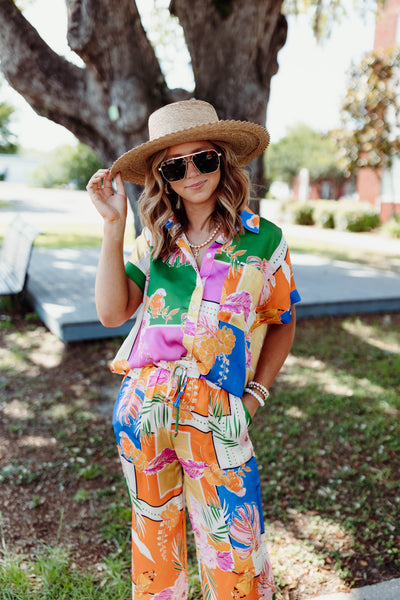 Karlie Yellow Tropical Satin Button Up Top