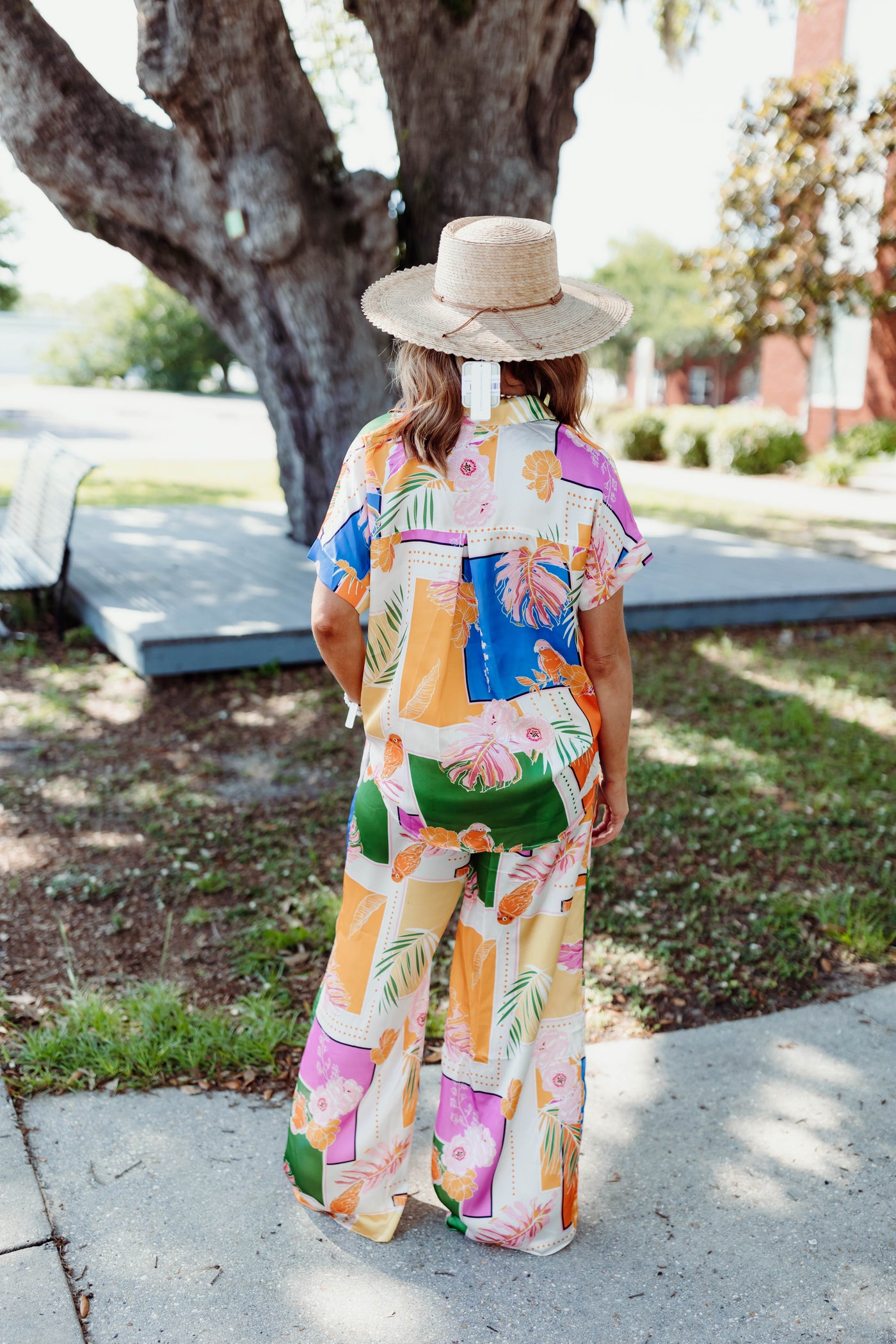 Karlie Yellow Tropical Satin Button Up Top