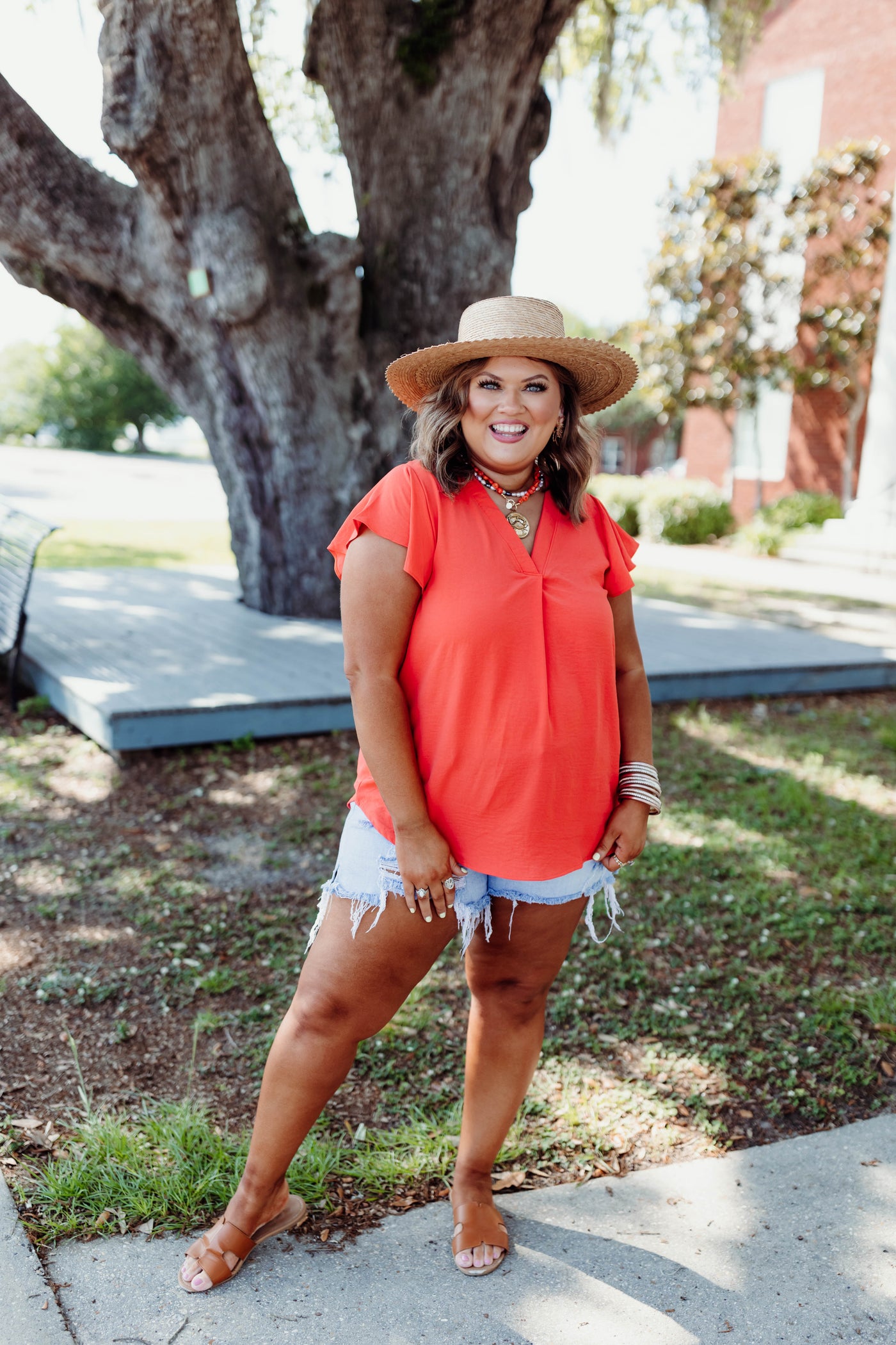 Orange Flutter Sleeve Loose Fit Blouse