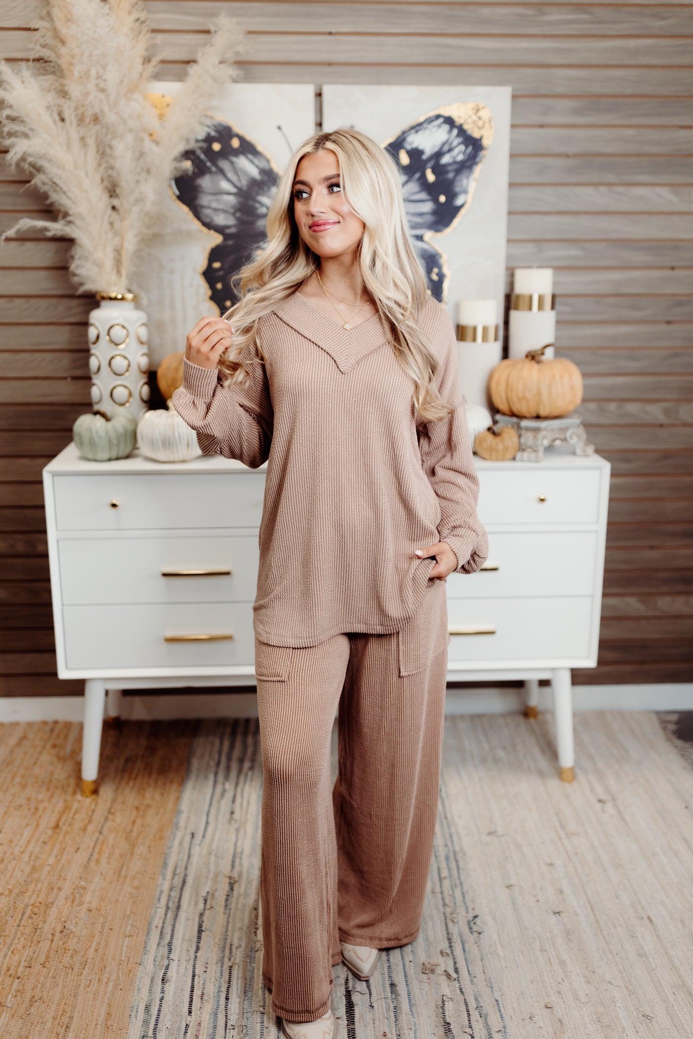 Peanut Butter Ribbed Balloon Sleeve Top and Pant Set