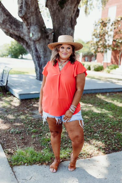 Orange Flutter Sleeve Loose Fit Blouse