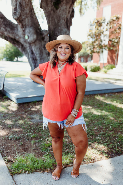 Orange Flutter Sleeve Loose Fit Blouse