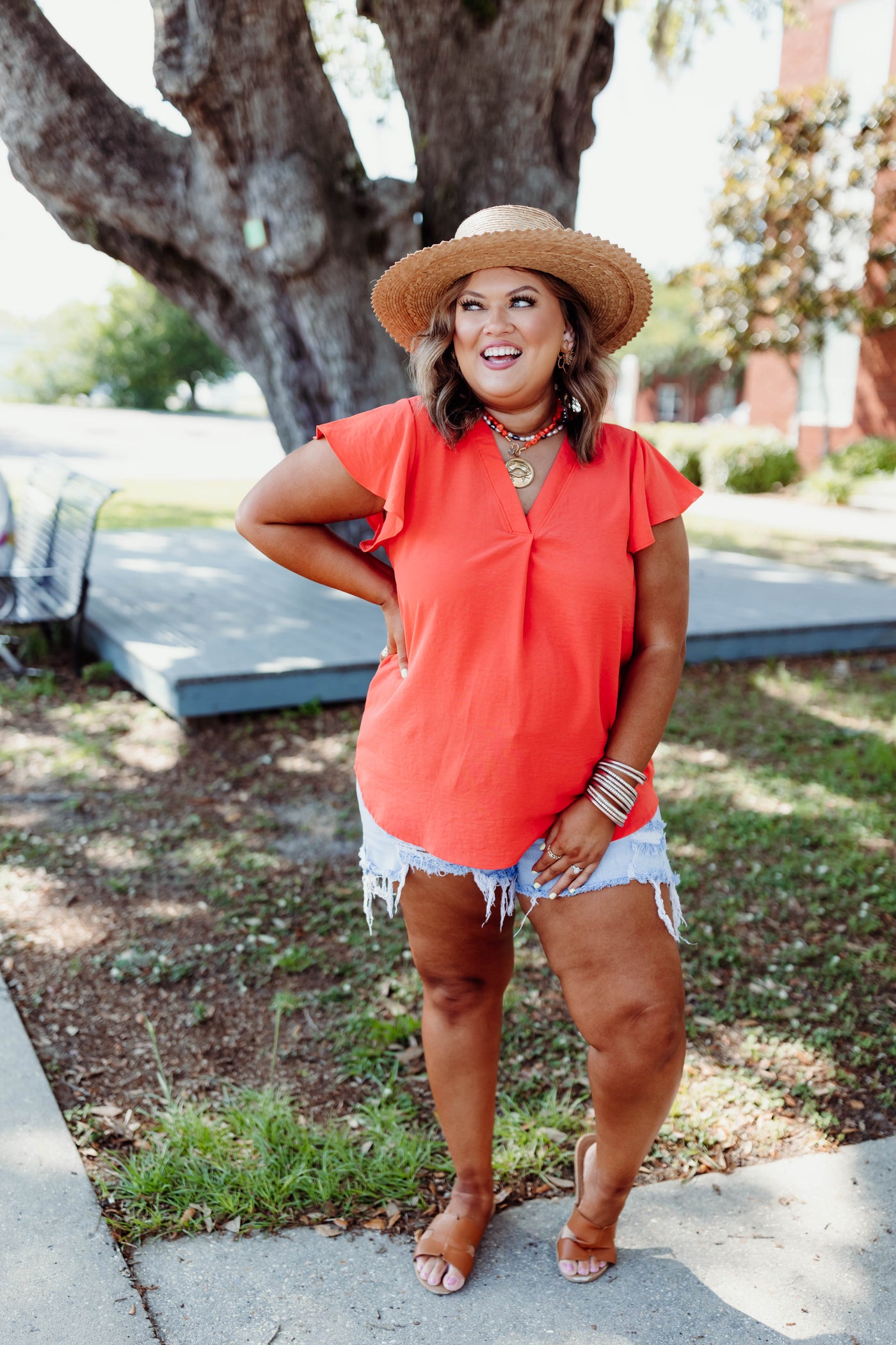 Orange Flutter Sleeve Loose Fit Blouse