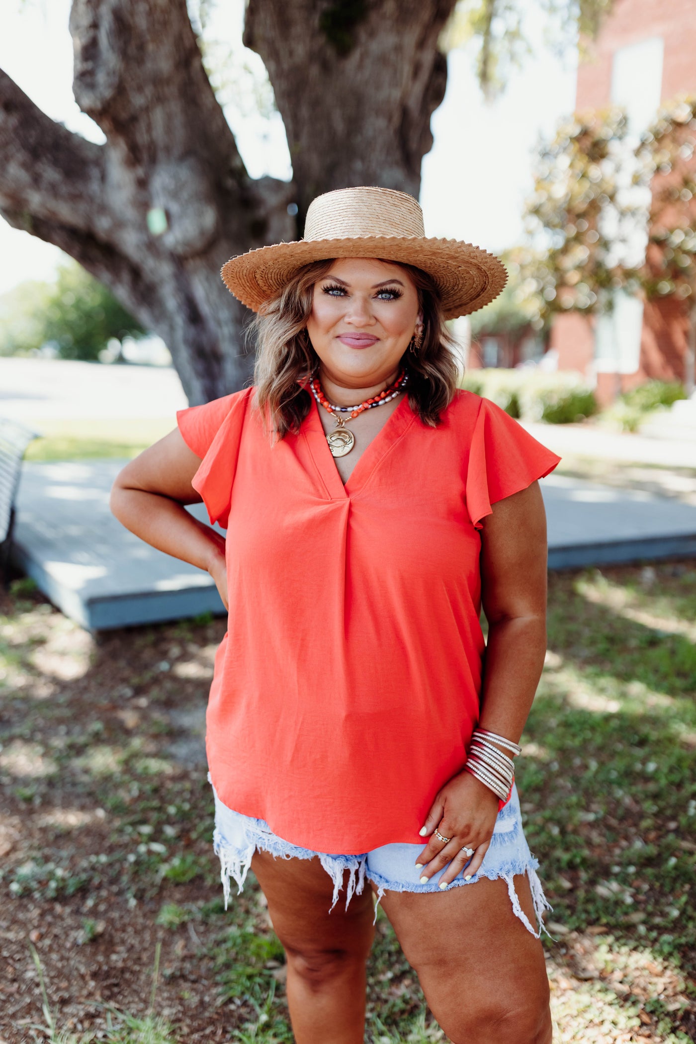 Orange Flutter Sleeve Loose Fit Blouse