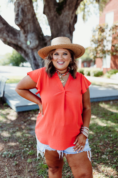 Orange Flutter Sleeve Loose Fit Blouse