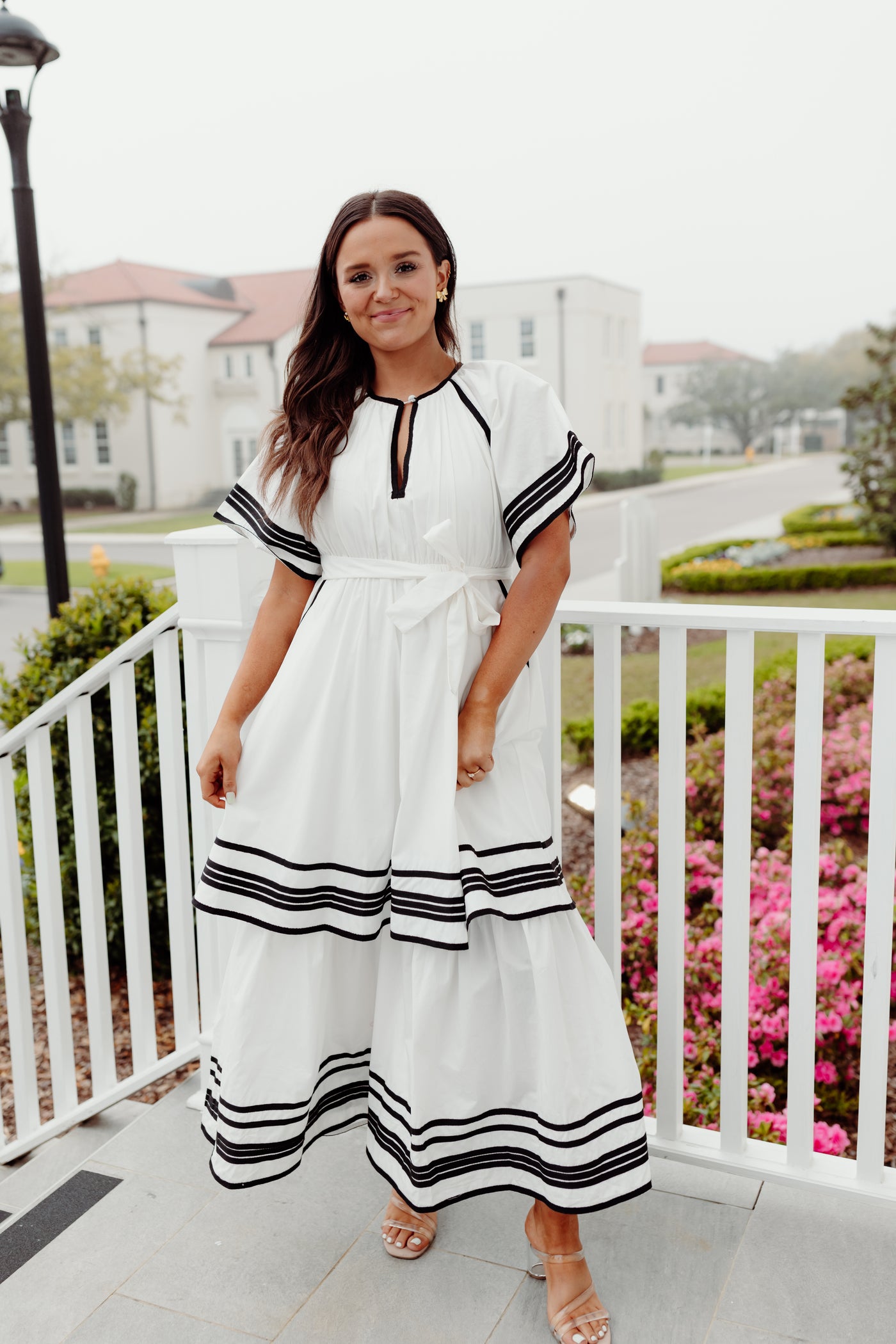 Beulah White Black Contrast Detail Ruffle Tiered Maxi