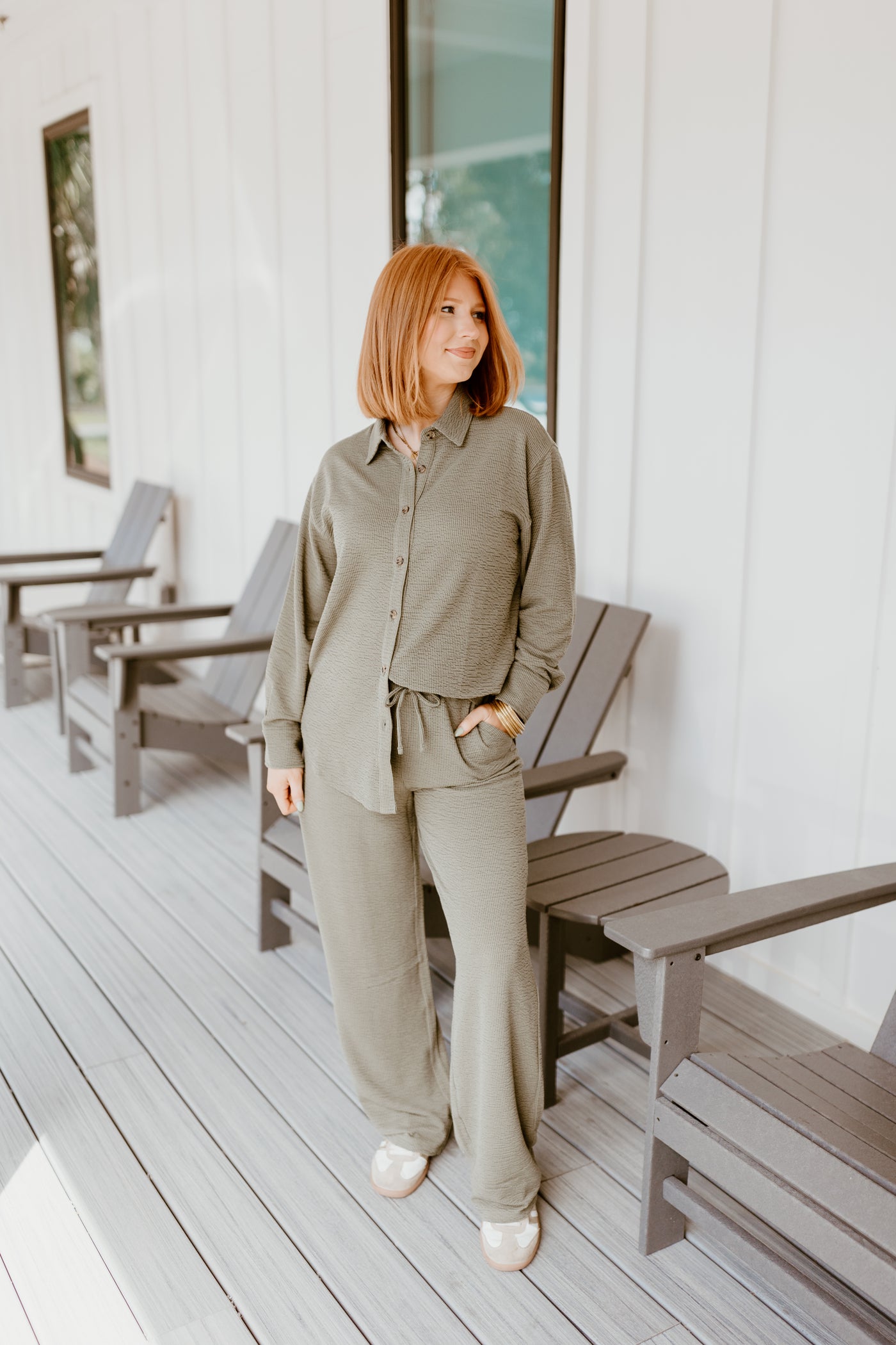 Olive Green Button Down Top and Pant Set