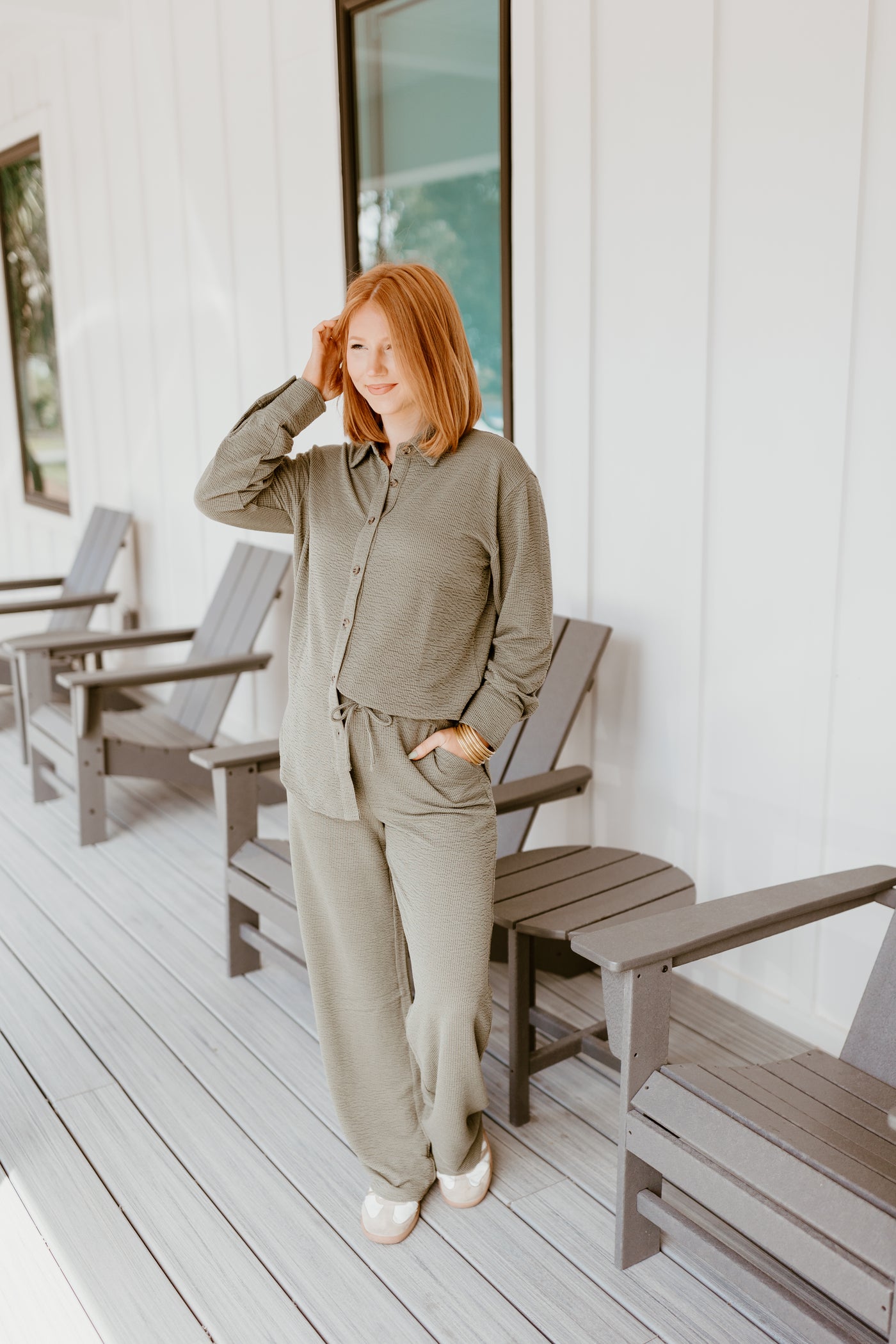 Olive Green Button Down Top and Pant Set