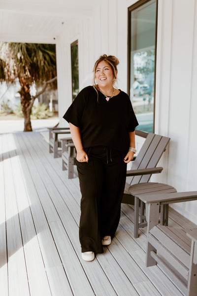 Black Short Sleeve Top and Wide Leg Pant Set