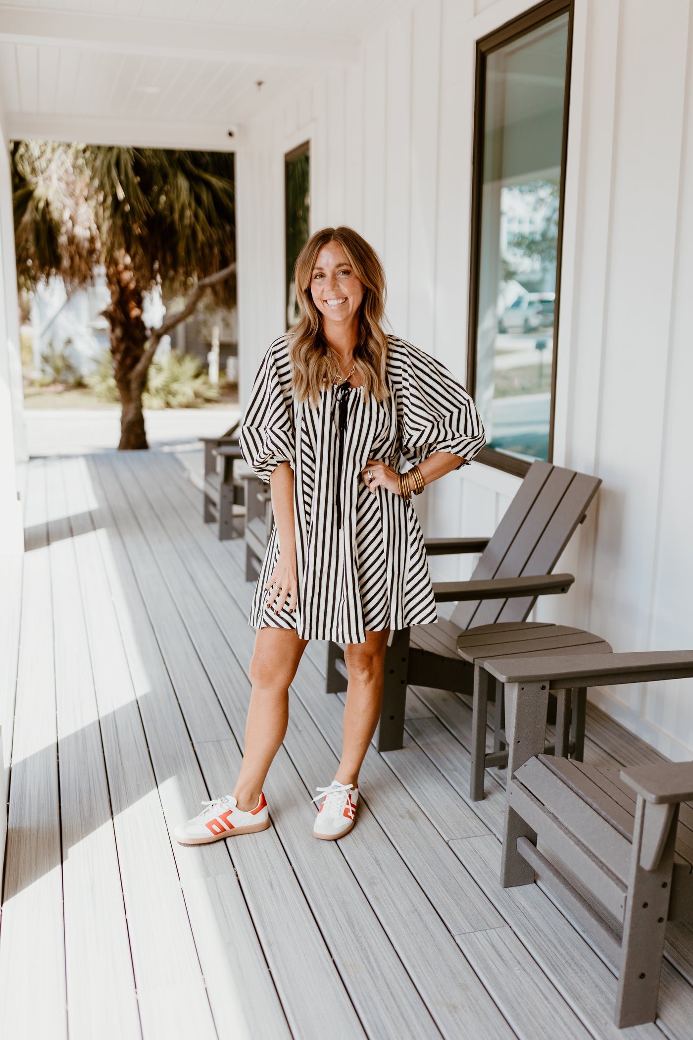 Black Striped Half Sleeve Tie Detail Dress