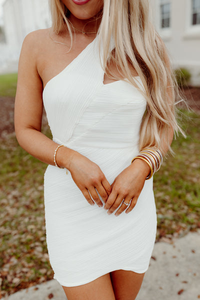 White Textured One Shoulder Wrap Dress