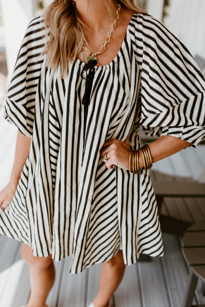 Black Striped Half Sleeve Tie Detail Dress