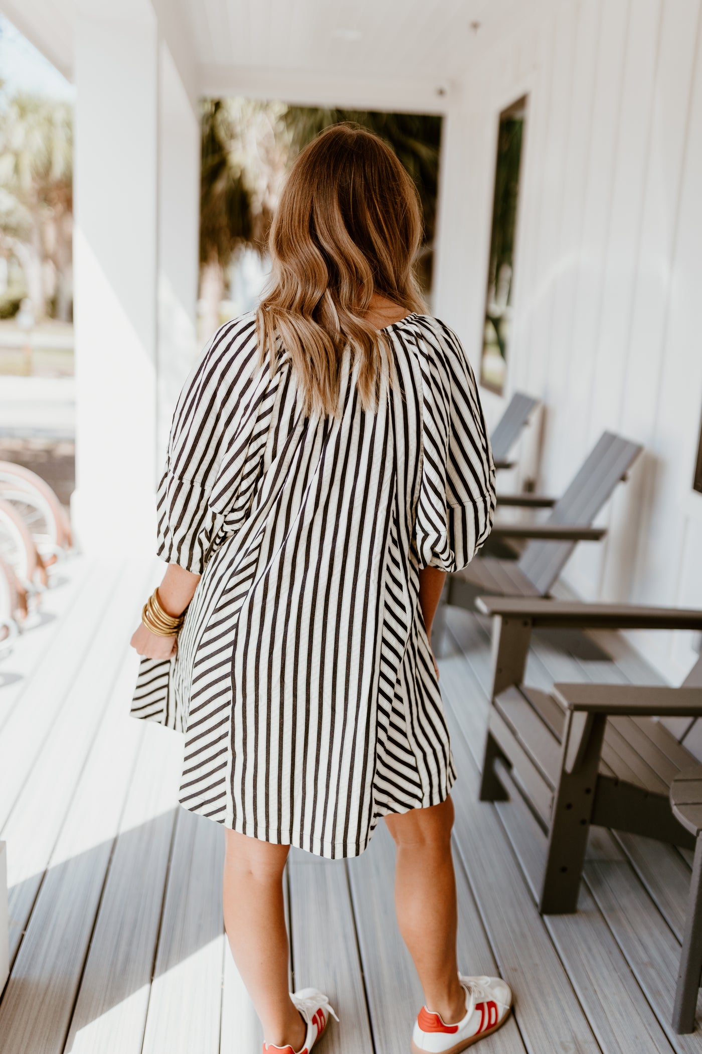 Black Striped Half Sleeve Tie Detail Dress