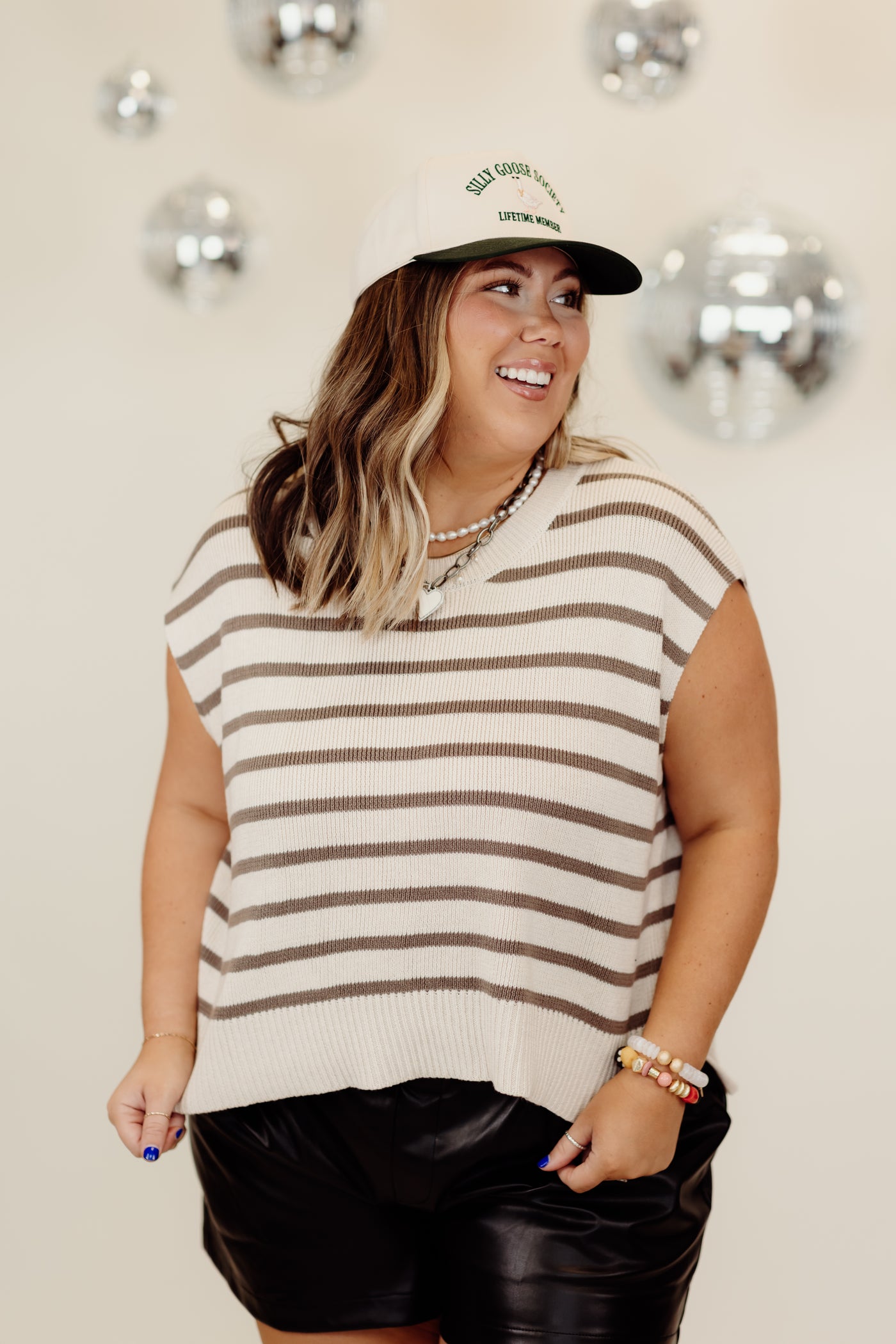 Oatmeal Striped Round Neck Short Sleeve Knit Top