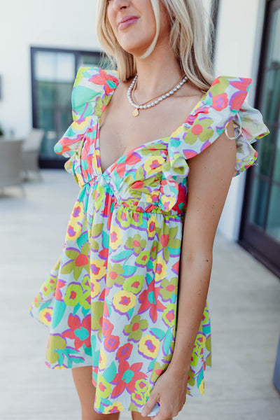 Green Multi Floral Ruffle Sleeve Romper