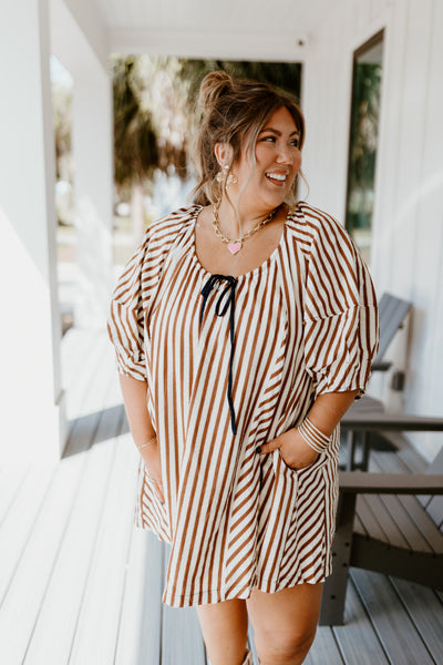 Brown Striped Half Sleeve Tie Detail Dress