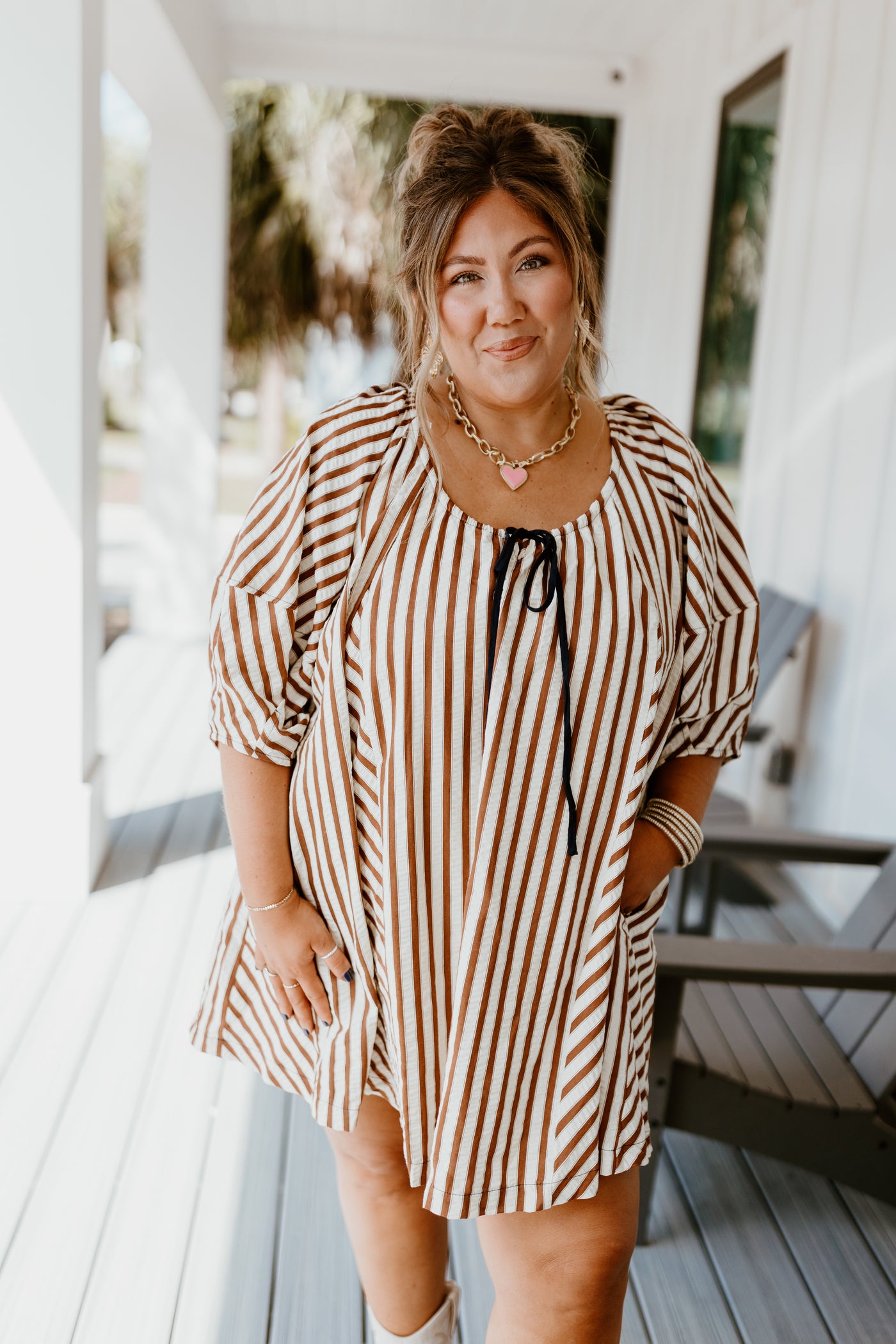 Brown Striped Half Sleeve Tie Detail Dress