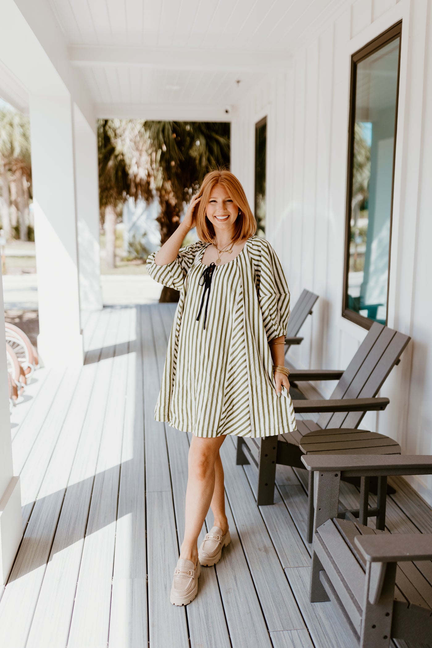 Olive Striped Half Sleeve Tie Detail Dress