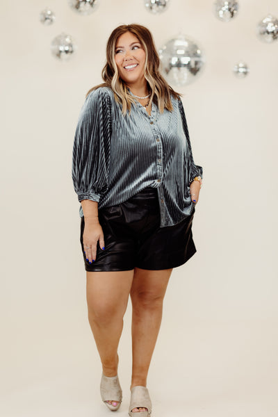 Gunmetal Notch Neck Velvet Button Down Top